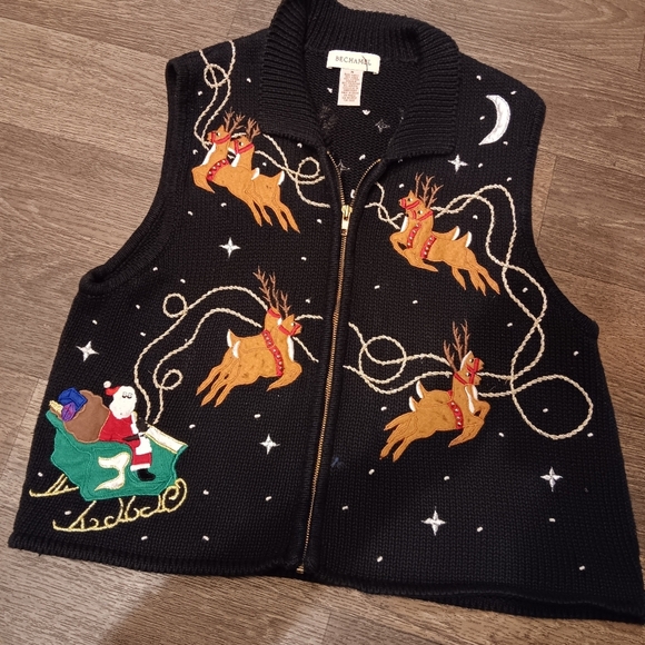 VTG Bechamel Ugly Sweater Vest Christmas Holiday Santa Sleigh & Reindeer Size M - Picture 4 of 5